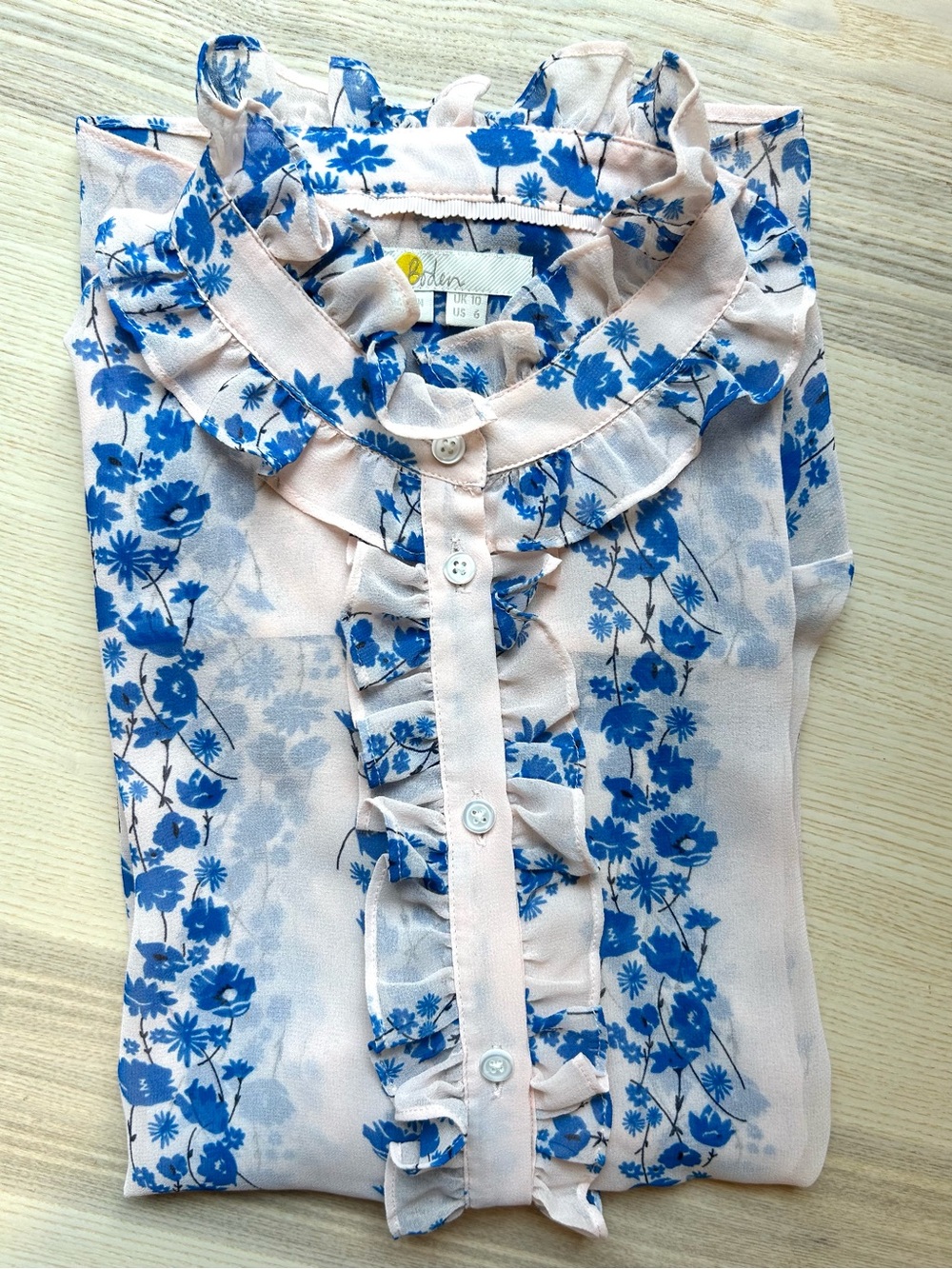 Boden Light Pink Blue Floral Ruffle Buttondown Top Preppy British Style Size 6 - Picture 6 of 7